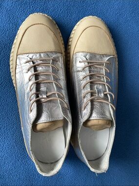 Spring Step Cream & Silver Women's Leather Casual Lace-Up Sneakers